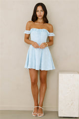 Lasting Impressions Off Shoulder Mini Dress Blue