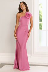 Flowered Opulence One Shoulder Satin Maxi Dress Mauve