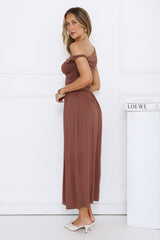 Coastal Daydream Off Shoulder Midi Dress Brown
