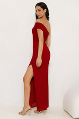Berry Fresh Mesh One Shoulder Maxi Dress Red
