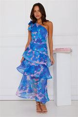 Garden Aura One Shoulder Midi Dress Blue