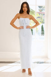 Dollhouse Diaries Strapless Lace Maxi Dress Blue
