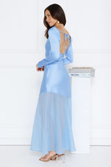 Exquisite Luxury Satin Long Sleeve Maxi Dress Blue