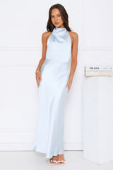 Draped In Diamonds Satin Halter Maxi Dress Blue