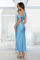 Noir Evenings Off Shoulder Satin Maxi Dress Blue