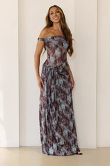 Mystic Marble Print Off Shoulder Maxi Dress Teal
