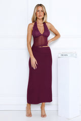 Haute Mode Mesh Halter Maxi Dress Plum