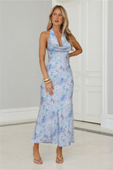 Dreamy Bloom Halter Cowl Maxi Dress Blue