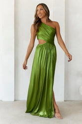 Iridescent Shimmer One Shoulder Maxi Dress Moss