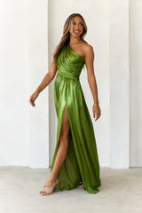 Iridescent Shimmer One Shoulder Maxi Dress Moss
