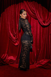 Intricate Charm Sheer Lace Long Sleeve Maxi Dress Black