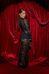 Intricate Charm Sheer Lace Long Sleeve Maxi Dress Black