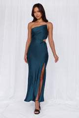 HELLO MOLLY The Opal One Shoulder Satin Maxi Dress Teal