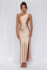 HELLO MOLLY The Aurora One Shoulder Satin Maxi Dress Champagne