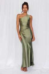 HELLO MOLLY The Aurora One Shoulder Satin Maxi Dress Olive