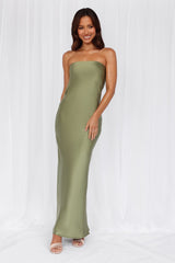 HELLO MOLLY The Felicity Strapless Satin Maxi Dress Olive