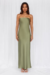 HELLO MOLLY The Felicity Strapless Satin Maxi Dress Olive