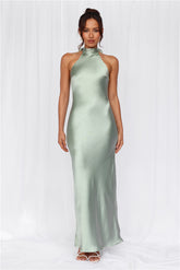 HELLO MOLLY The Cleo Halter Satin Maxi Dress Sage