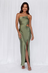 HELLO MOLLY The Opal One Shoulder Satin Maxi Dress Olive