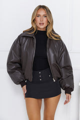 Luxe Heritage Faux Leather Bomber Jacket Brown