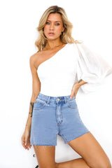 DNM High Rise Frayed Denim Shorts Mid Blue