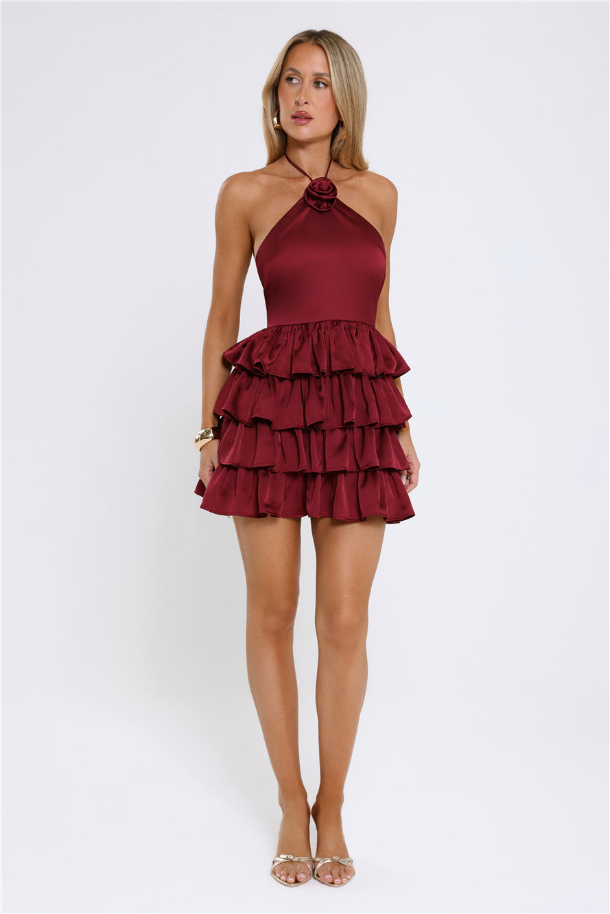 Moonlit Star Halter Satin Mini Dress Burgundy