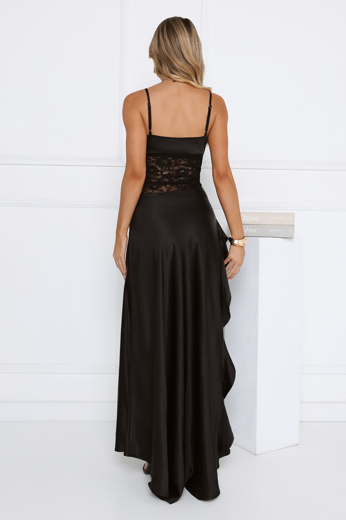 Dusky Dazzle Lace Satin Maxi Dress Black