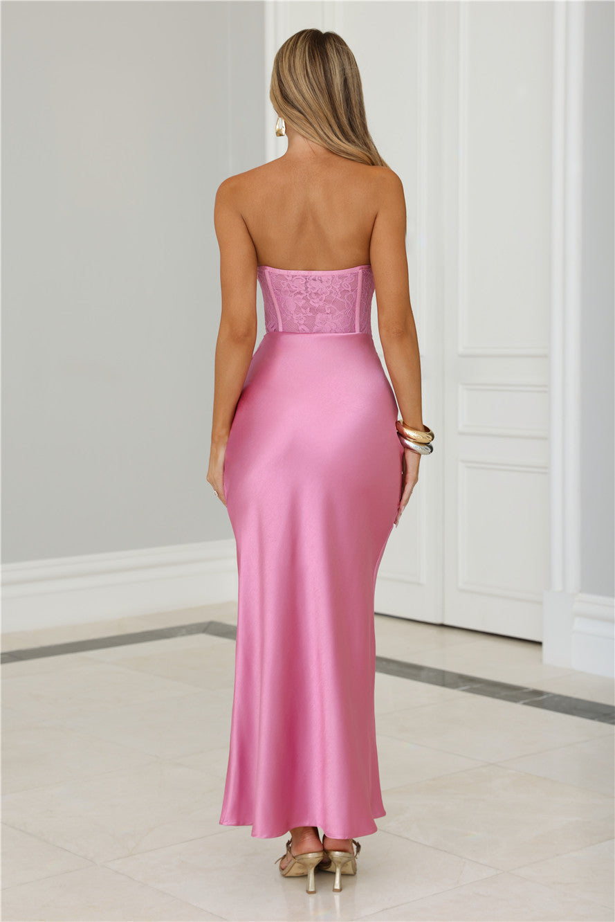 Only Lover Satin Lace Strapless Maxi Dress Pink