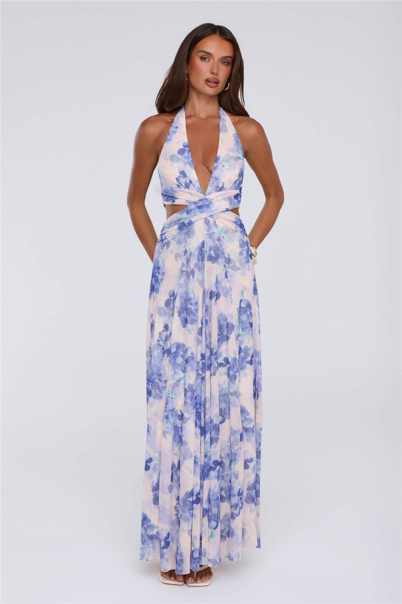 Afternoon In Azaleas Halter Maxi Dress Blue