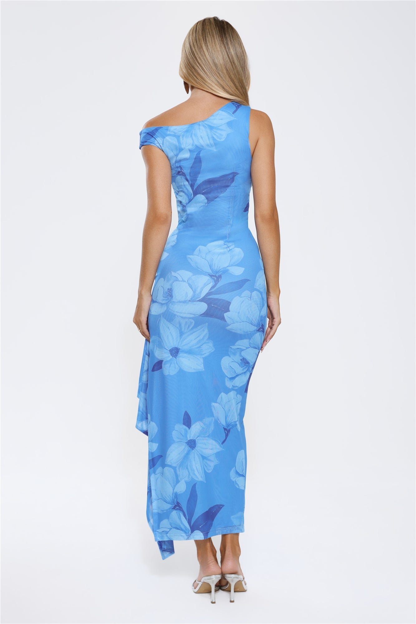 Ocean Bloom One Shoulder Mesh Maxi Dress Blue