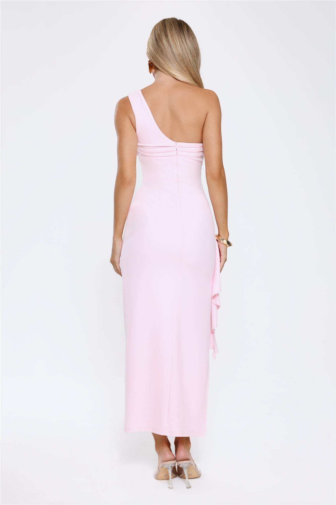Chic One Shoulder Ruched Drape Maxi Dress Pink
