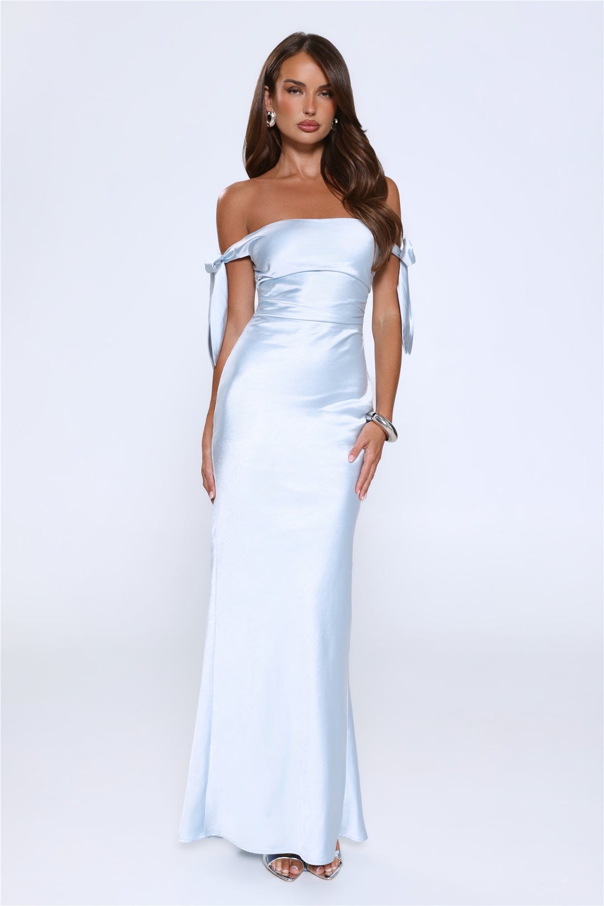Flirty Intentions Off Shoulder Satin Maxi Dress Blue