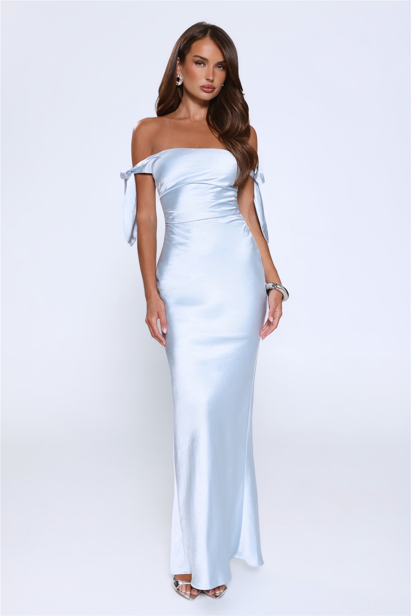 Flirty Intentions Off Shoulder Satin Maxi Dress Blue