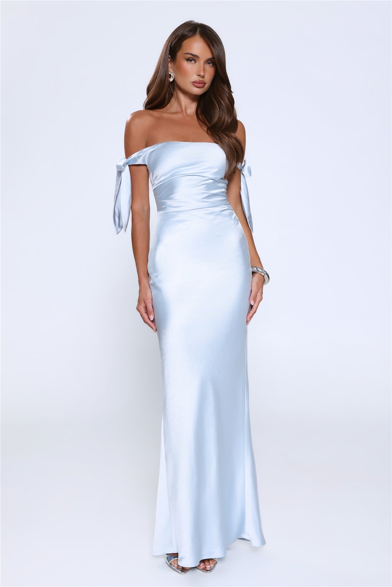 Flirty Intentions Off Shoulder Satin Maxi Dress Blue