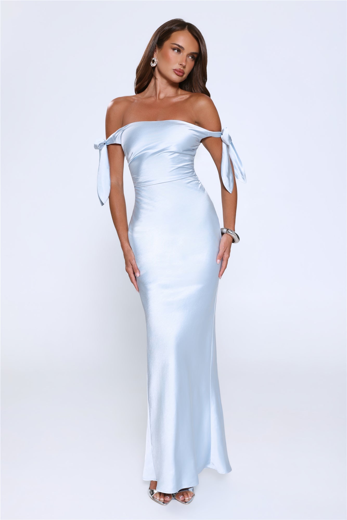 Flirty Intentions Off Shoulder Satin Maxi Dress Blue