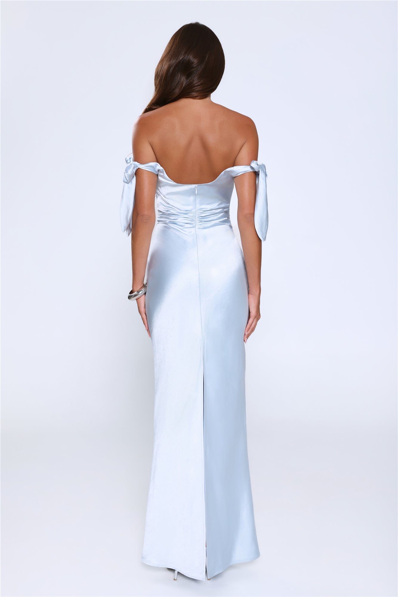 Flirty Intentions Off Shoulder Satin Maxi Dress Blue