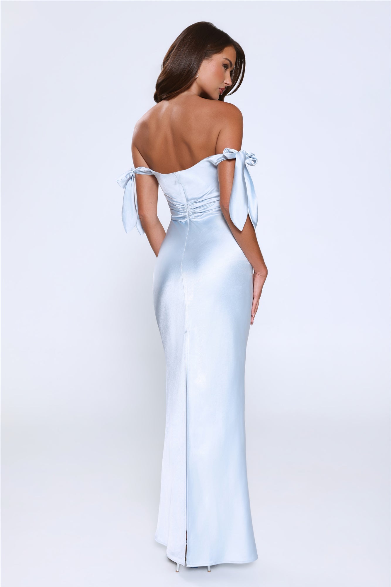 Flirty Intentions Off Shoulder Satin Maxi Dress Blue