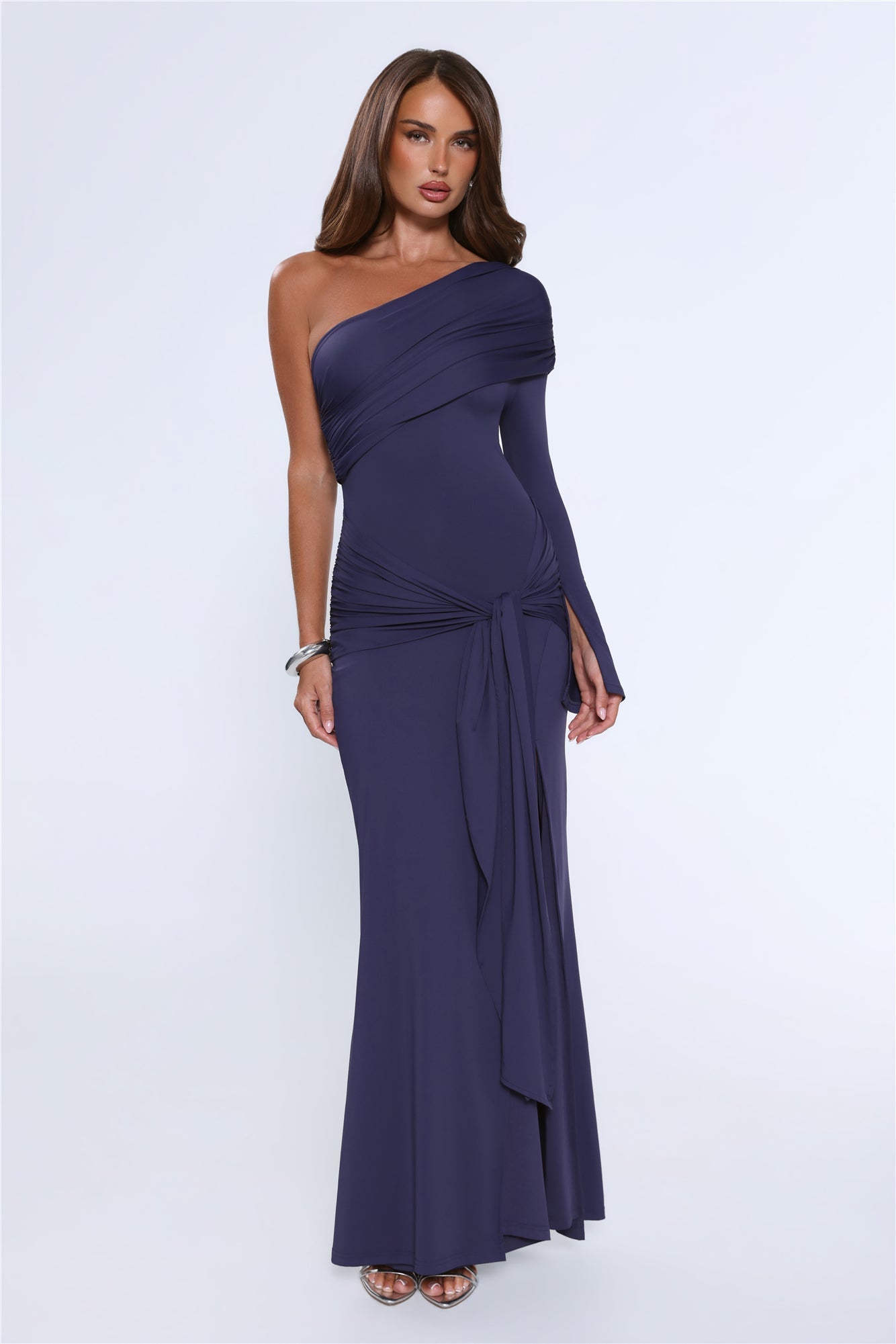 Night Starflower One Shoulder Maxi Dress Navy