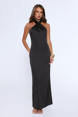 Outfit Energy Satin Halter Maxi Dress Black