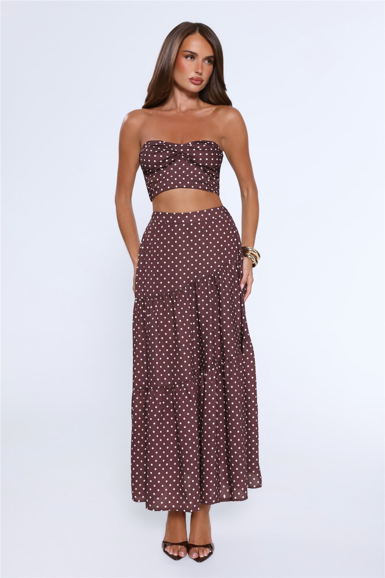 Icon Darling Strapless Polka Dot Crop Top Brown