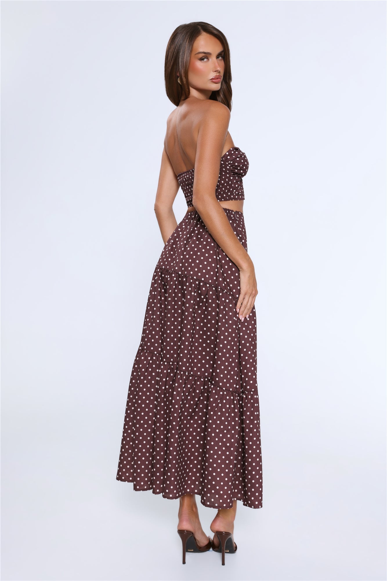 Icon Darling Strapless Polka Dot Crop Top Brown