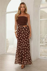 Lovergirl Energy Polka Dot Strapless Maxi Dress Brown