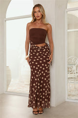 Lovergirl Energy Polka Dot Strapless Maxi Dress Brown