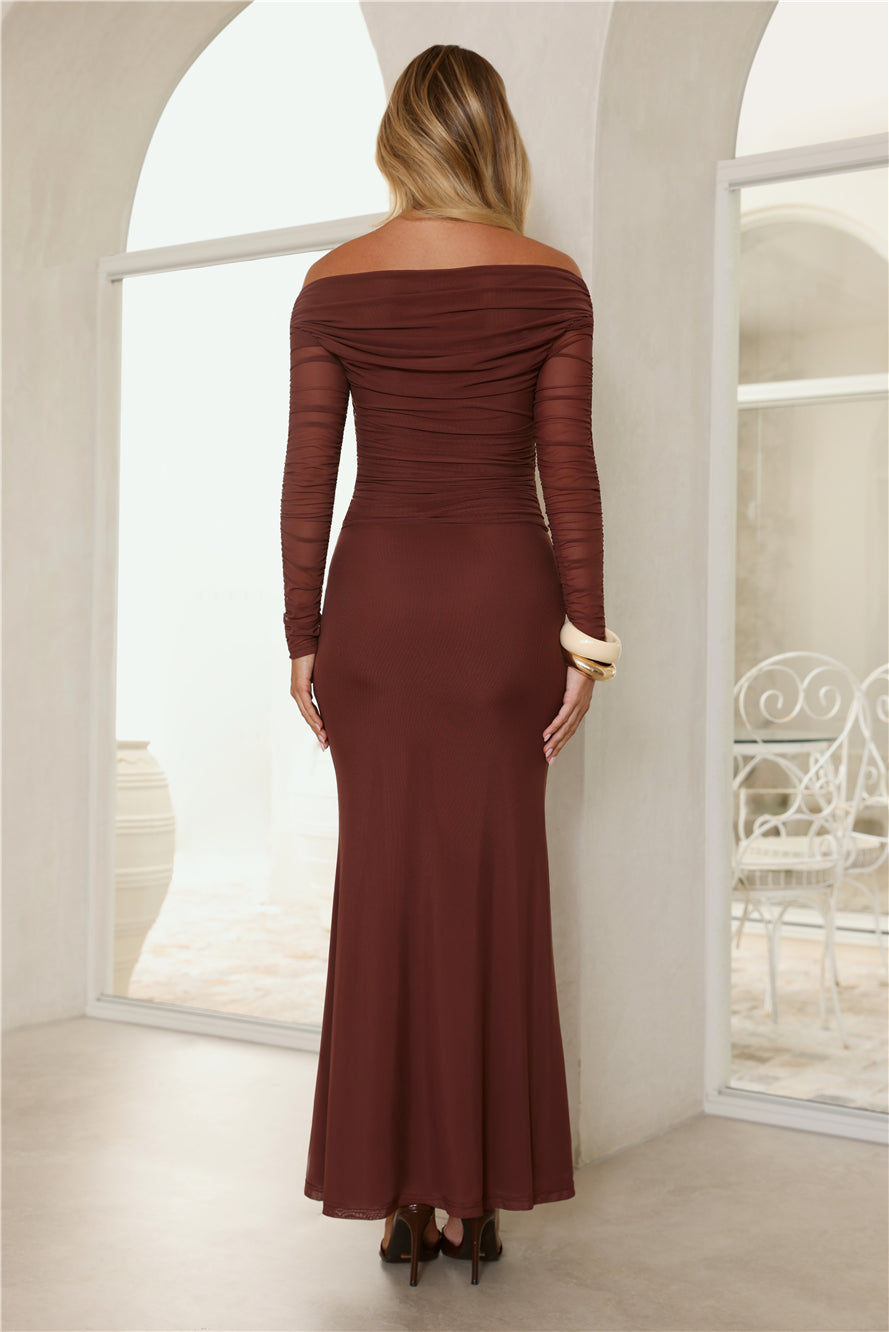 Glam Mesh Off-Shoulder Maxi Dress Rust
