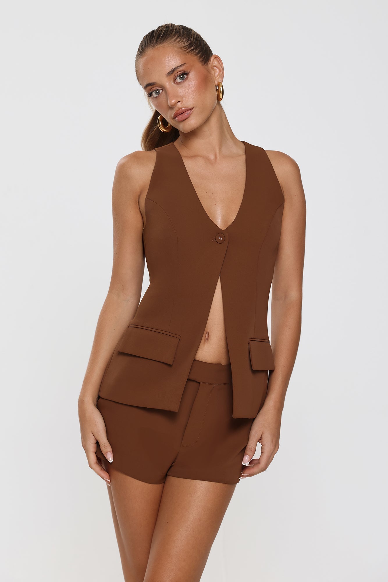 Monochrome Mood Tailored Vest Top Brown