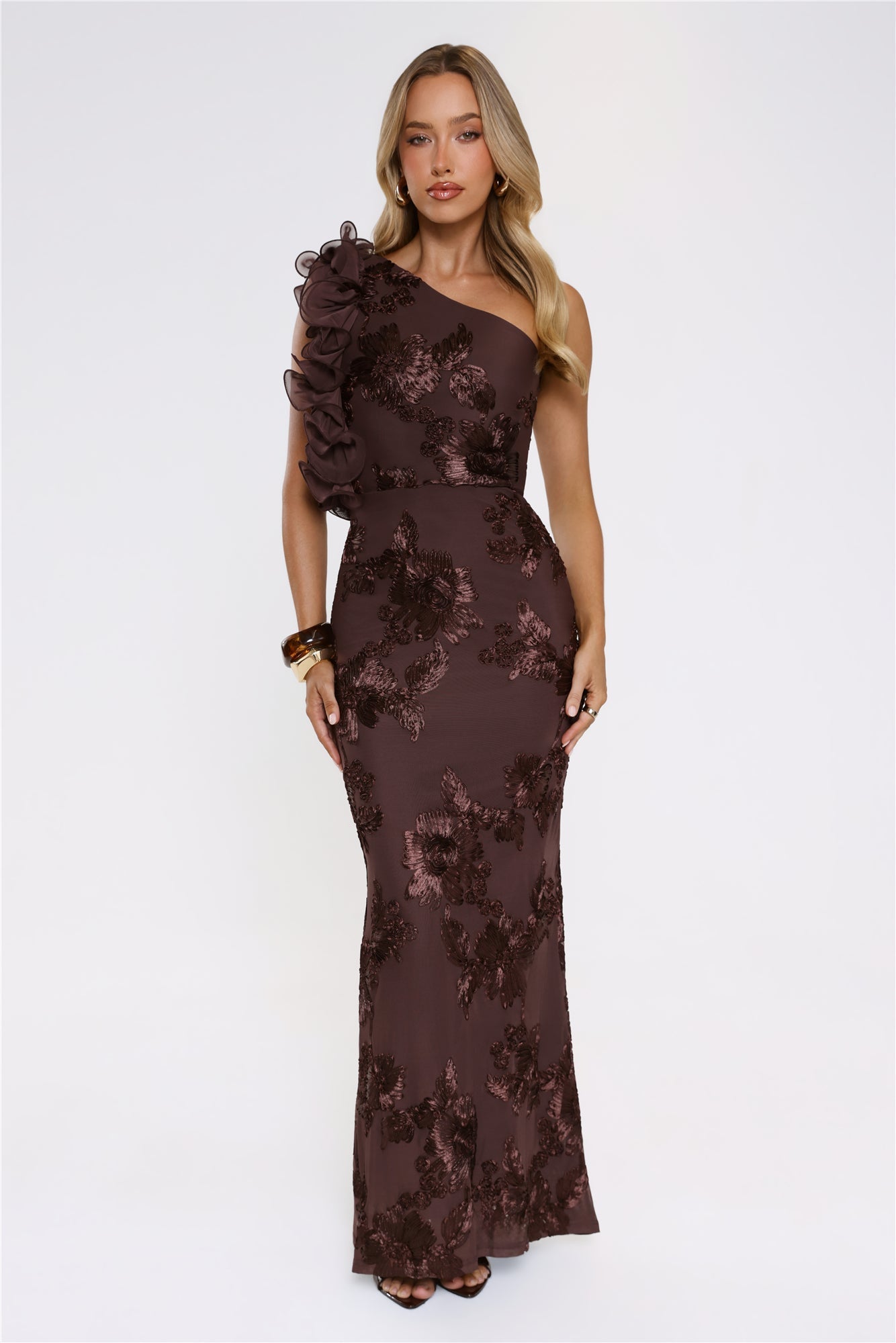 Fleur Flair One Shoulder Maxi Dress Chocolate
