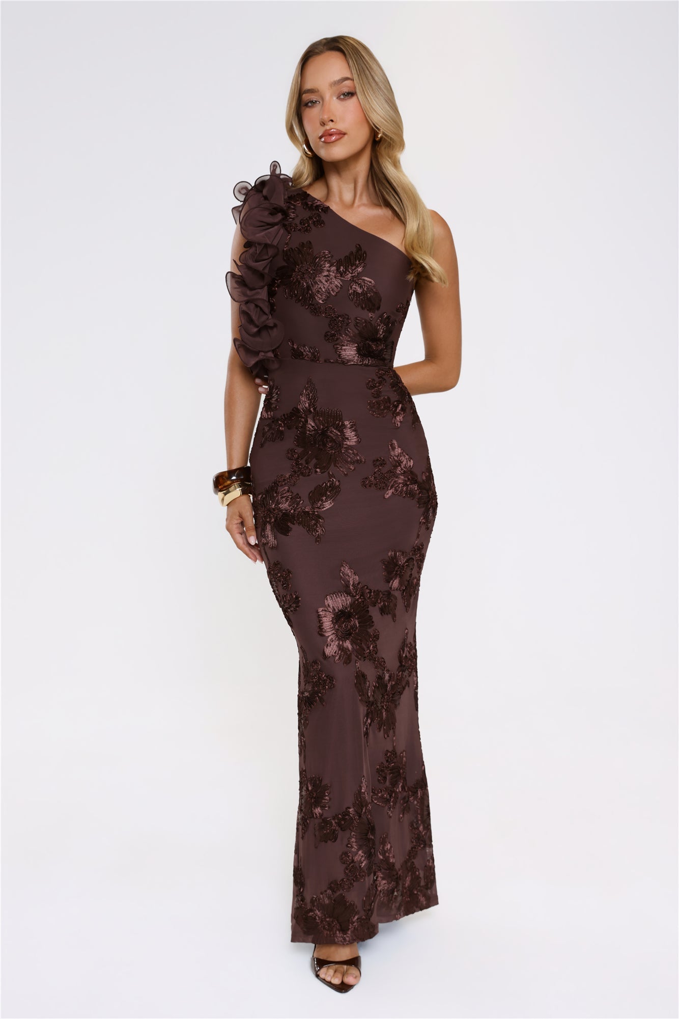 Fleur Flair One Shoulder Maxi Dress Chocolate