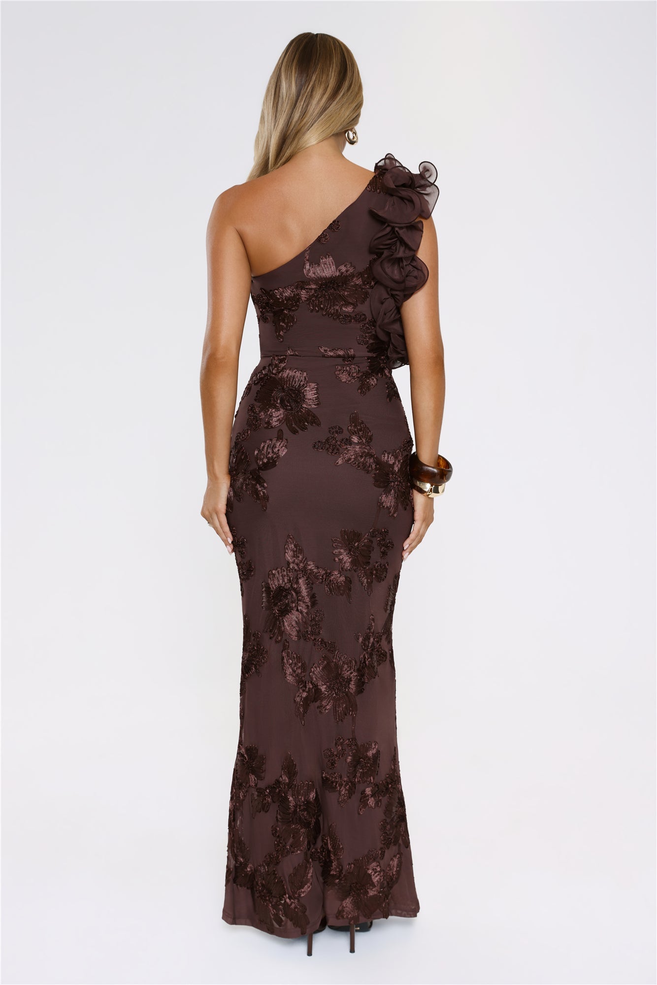 Fleur Flair One Shoulder Maxi Dress Chocolate