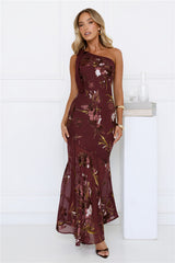 Opulent Bloom One Shoulder Maxi Dress Burgundy