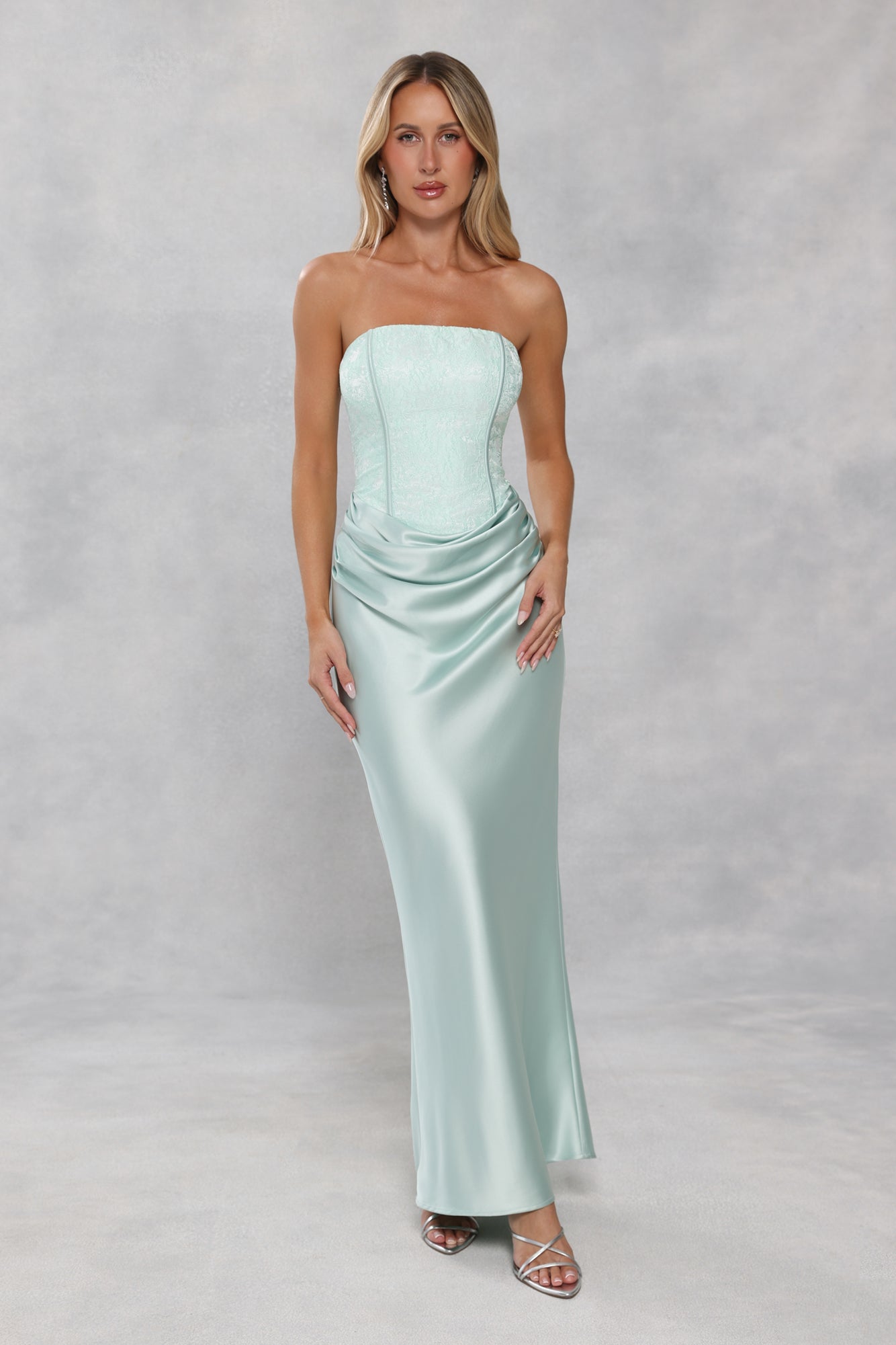 Dressed To Dazzle Strapless Satin Maxi Dress Sage